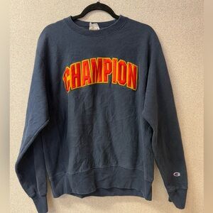 Vintage Champion M Reverse Weave Navy Blue Spellout Gold‎ Crewneck Sweatshirt